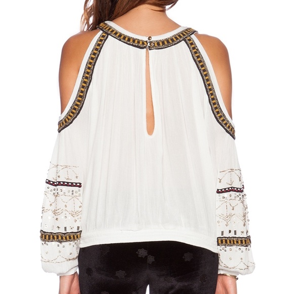 Free People Ivory Beaded Give Him The Cold Shoulder Blouse Size Medium - Picture 2 of 10